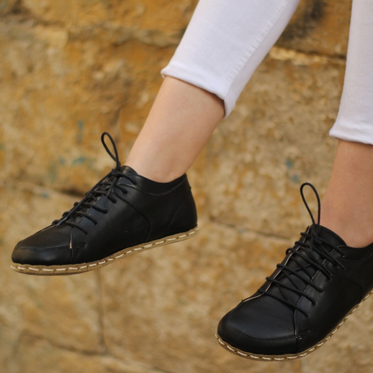 El Yapımı Barefoot Yalınayak Kadın Deri Sneakers Model, Siyah - Görsel 4