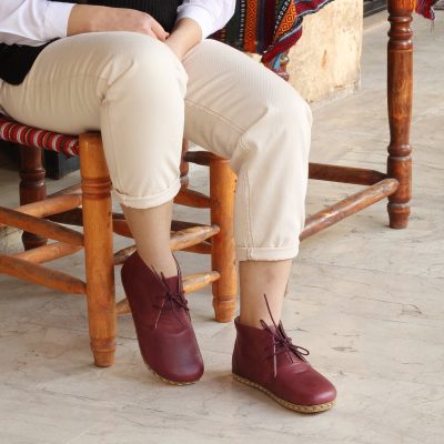 El Yapımı Barefoot Yalınayak Kadın Deri Kısa Bağcıklı Kadın Bot, Bordo