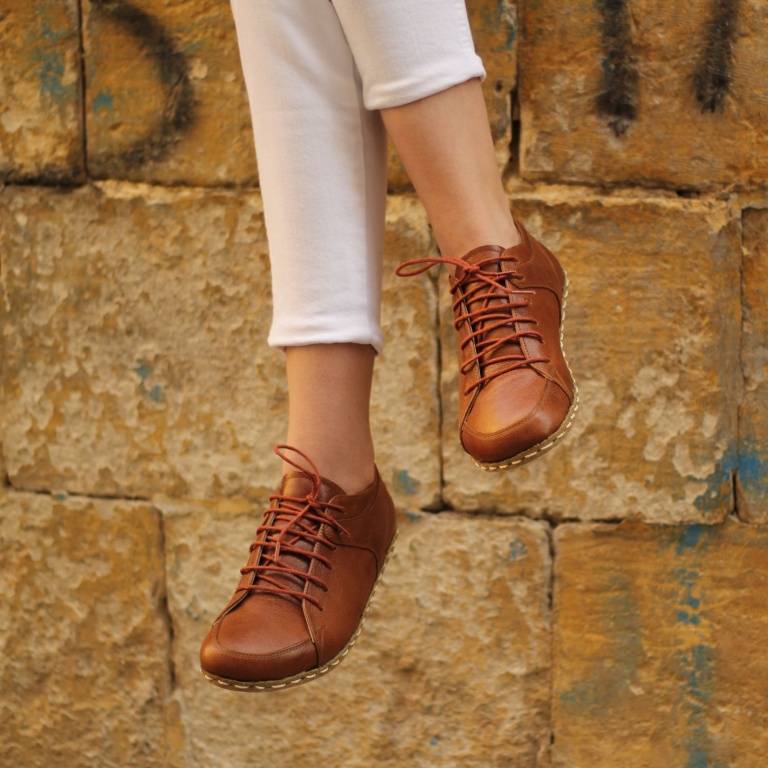 El Yapımı Barefoot Yalınayak Kadın Deri Sneakers Model, Parlak Kahve - Görsel 2