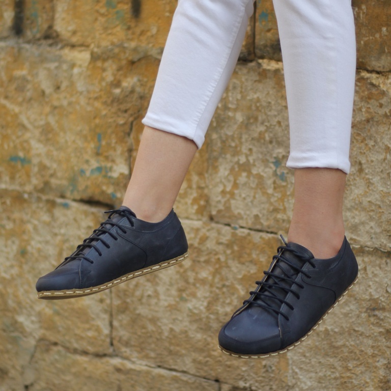 El Yapımı Barefoot Yalınayak Kadın Deri Sneakers Model, Lacivert - Görsel 2