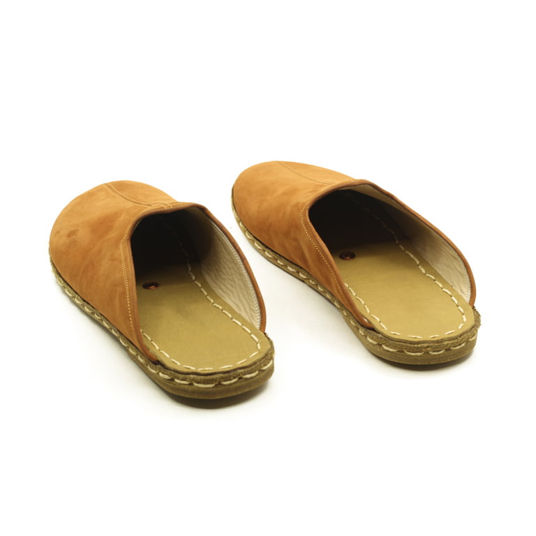 El Yapımı Barefoot Yalınayak Kadın Deri Parçalı Terlik, Hardal Nubuk - Görsel 2