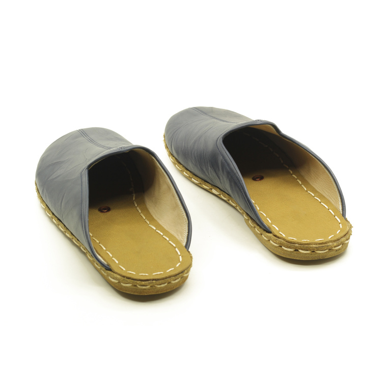 El Yapımı Barefoot Yalınayak Kadın Deri Parçalı Terlik, Lacivert - Görsel 2