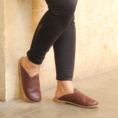 El Yapımı Barefoot Yalınayak Kadın Deri Parçalı Terlik, Fındık Kahve