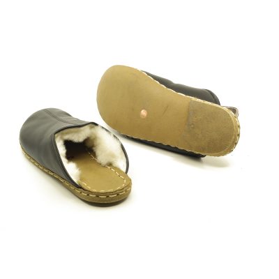 El Yapımı Barefoot Yalınayak Kadın Deri Parçalı İçi Kürklü Terlik, Siyah