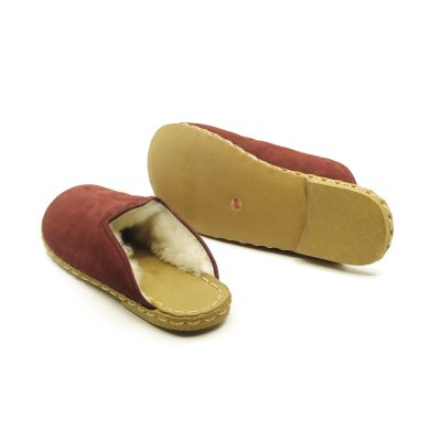 El Yapımı Barefoot Yalınayak Kadın Deri Parçalı İçi Kürklü Terlik, Bordo Nubuk