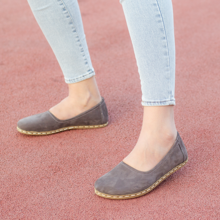 El Yapımı Barefoot Yalınayak Kadın Deri Babet Model, Gri Nubuk - Görsel 3