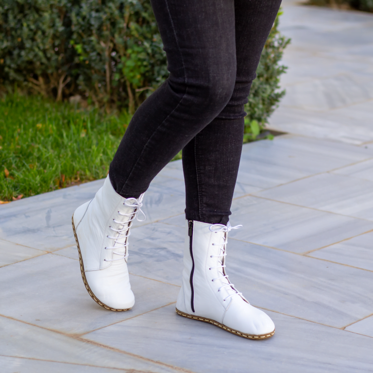El Yapımı Barefoot Yalınayak Kadın Deri Uzun Kadın Bot, Beyaz - Görsel 6