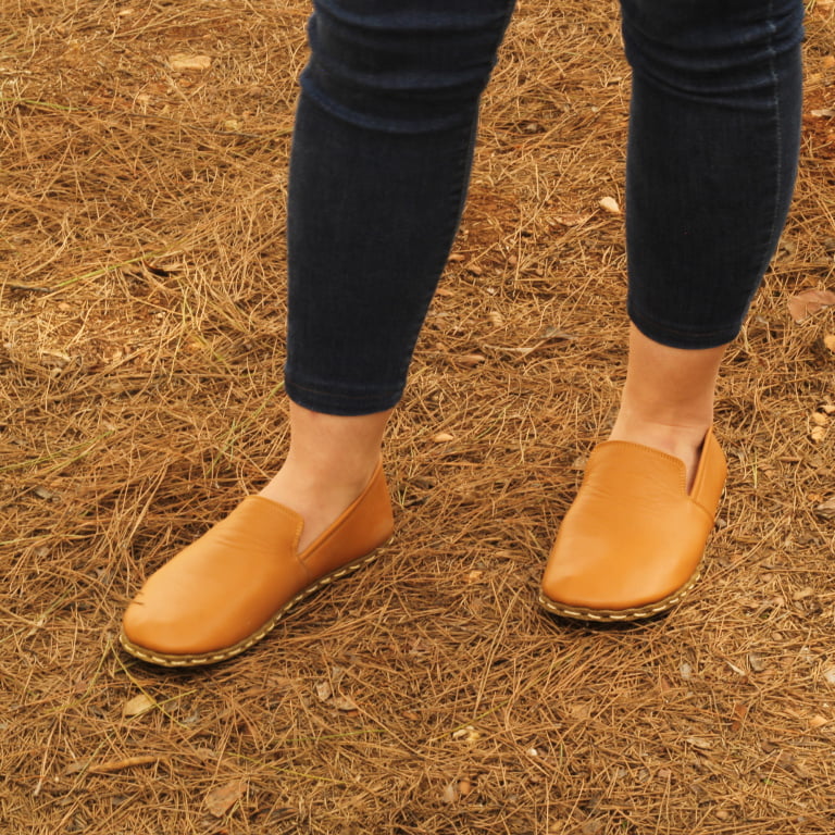 El Yapımı Barefoot Yalınayak Kadın Deri Taylan Model, Hardal Rengi - Görsel 3