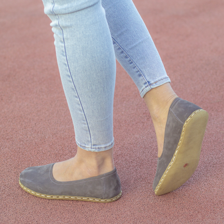 El Yapımı Barefoot Yalınayak Kadın Deri Babet Model, Gri Nubuk - Görsel 2