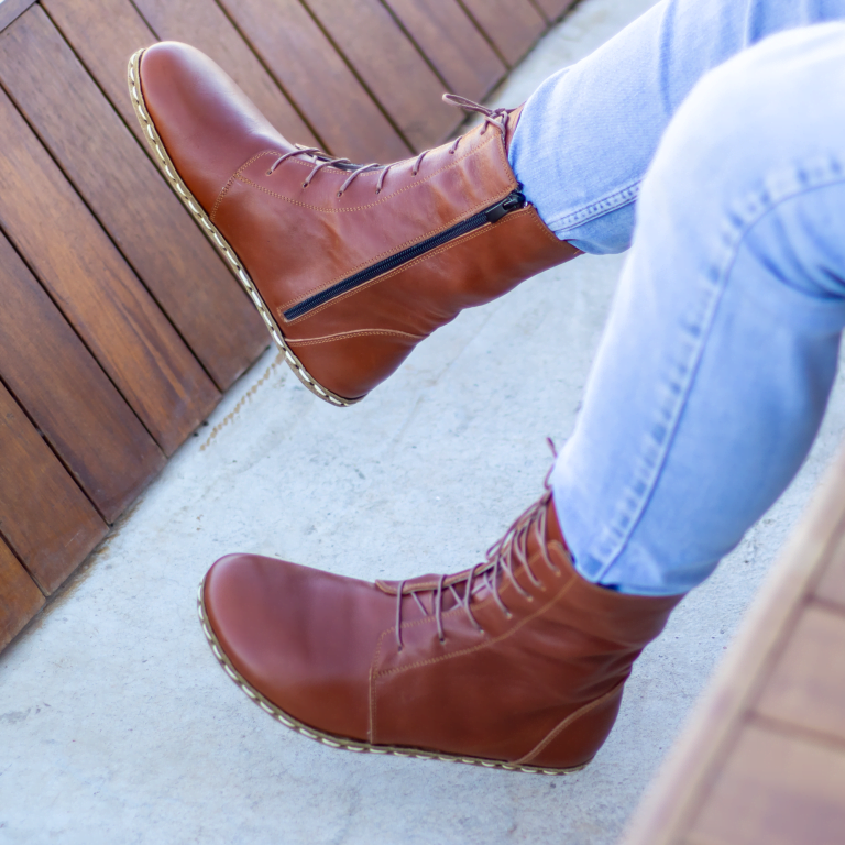 El Yapımı Barefoot Yalınayak Erkek Deri Uzun Erkek Bot, Parlak Kahve - Görsel 4