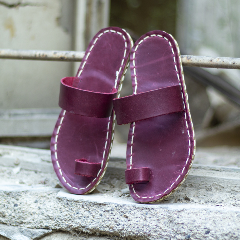 El Yapımı Barefoot Yalınayak Kadın Deri Parmak Arası Terlik, Bordo - Görsel 2