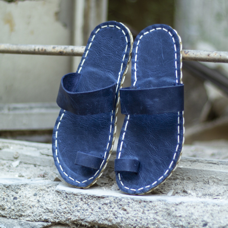 El Yapımı Barefoot Yalınayak Kadın Deri Parmak Arası Terlik, Lacivert - Görsel 6