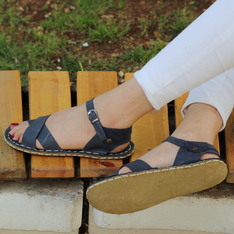 El Yapımı Barefoot Yalınayak Kadın Deri Helen Model, Lacivert - Görsel 5
