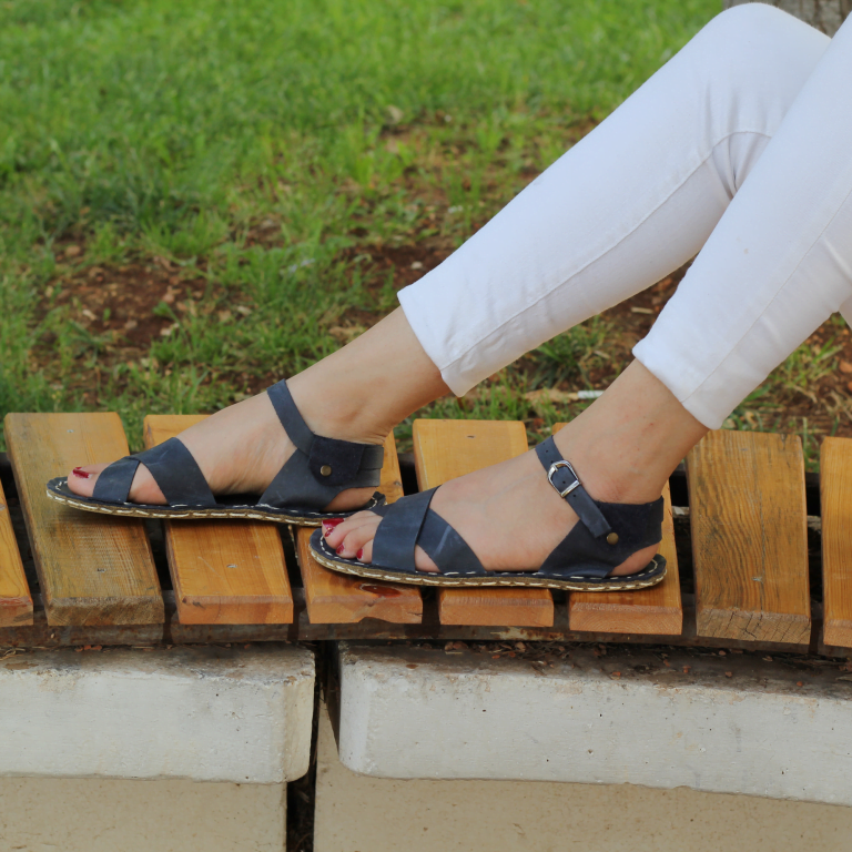 El Yapımı Barefoot Yalınayak Kadın Deri Helen Model, Lacivert - Görsel 4