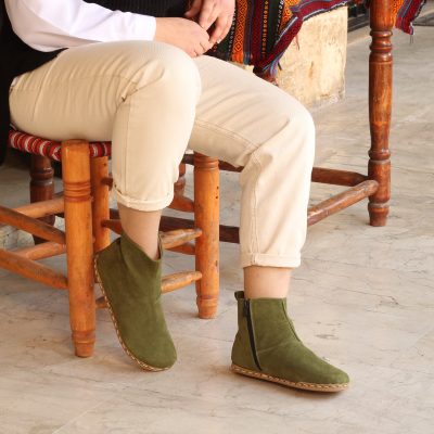 El Yapımı Barefoot Yalınayak Kadın Deri Fermuarlı Kadın Kısa Bot, Yeşil Nubuk