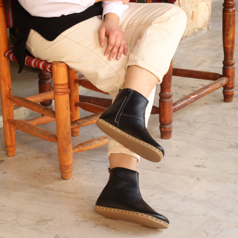 El Yapımı Barefoot Yalınayak Kadın Deri Fermuarlı Kadın Kısa Bot, Siyah - Görsel 2