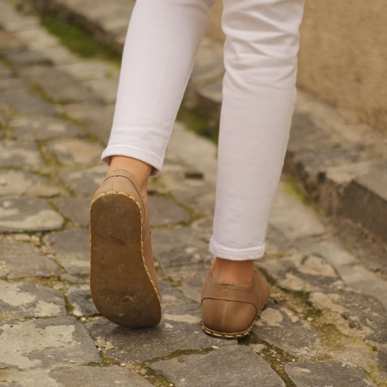 El Yapımı Barefoot Yalınayak Kadın Deri Sneakers Model, Bej - Görsel 2