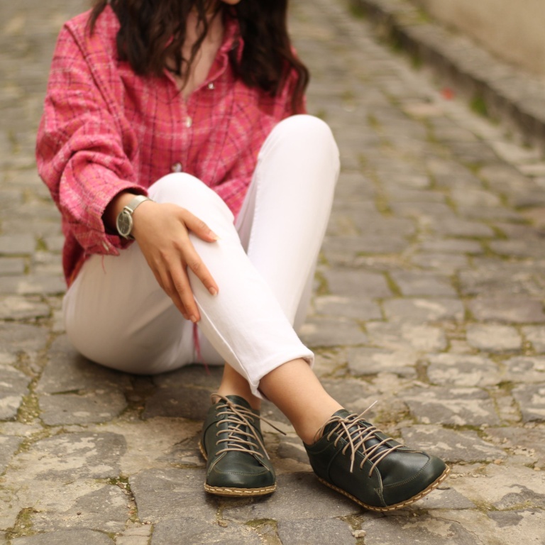 El Yapımı Barefoot Yalınayak Kadın Deri Sneakers Model, Petrol Yeşili - Görsel 4
