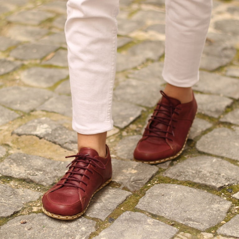 El Yapımı Barefoot Yalınayak Kadın Deri Sneakers Model, Bordo - Görsel 3