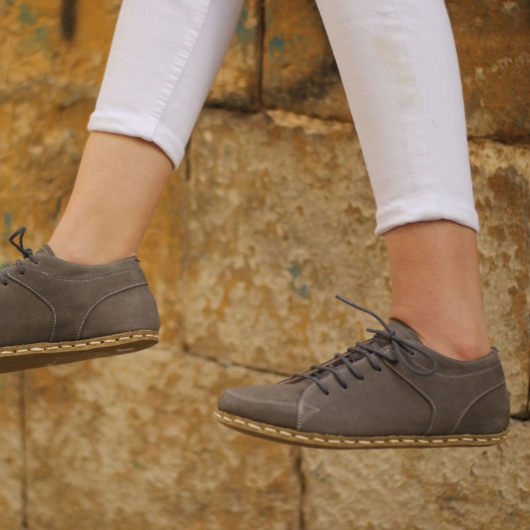 El Yapımı Barefoot Yalınayak Kadın Deri Sneakers Model, Gri Nubuk - Görsel 5