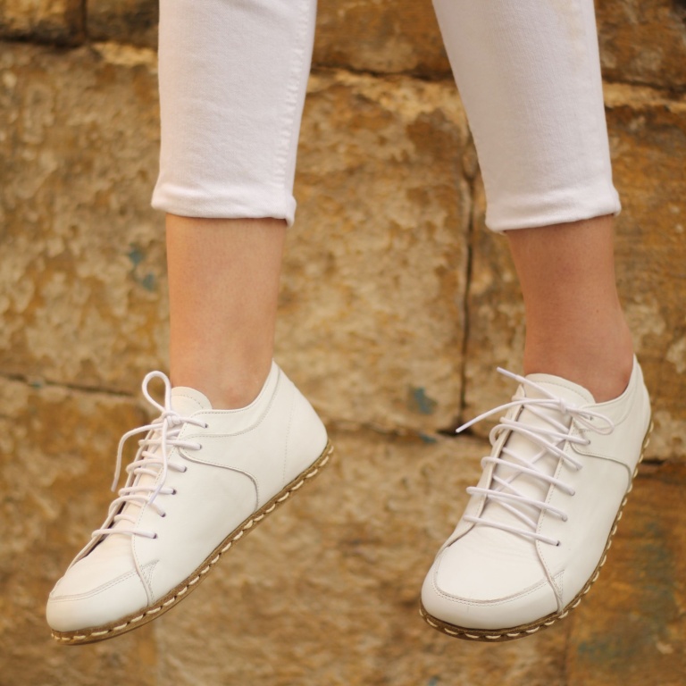 El Yapımı Barefoot Yalınayak Kadın Deri Sneakers Model, Beyaz - Görsel 5