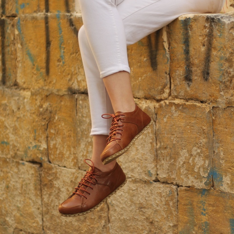 El Yapımı Barefoot Yalınayak Kadın Deri Sneakers Model, Parlak Kahve - Görsel 5