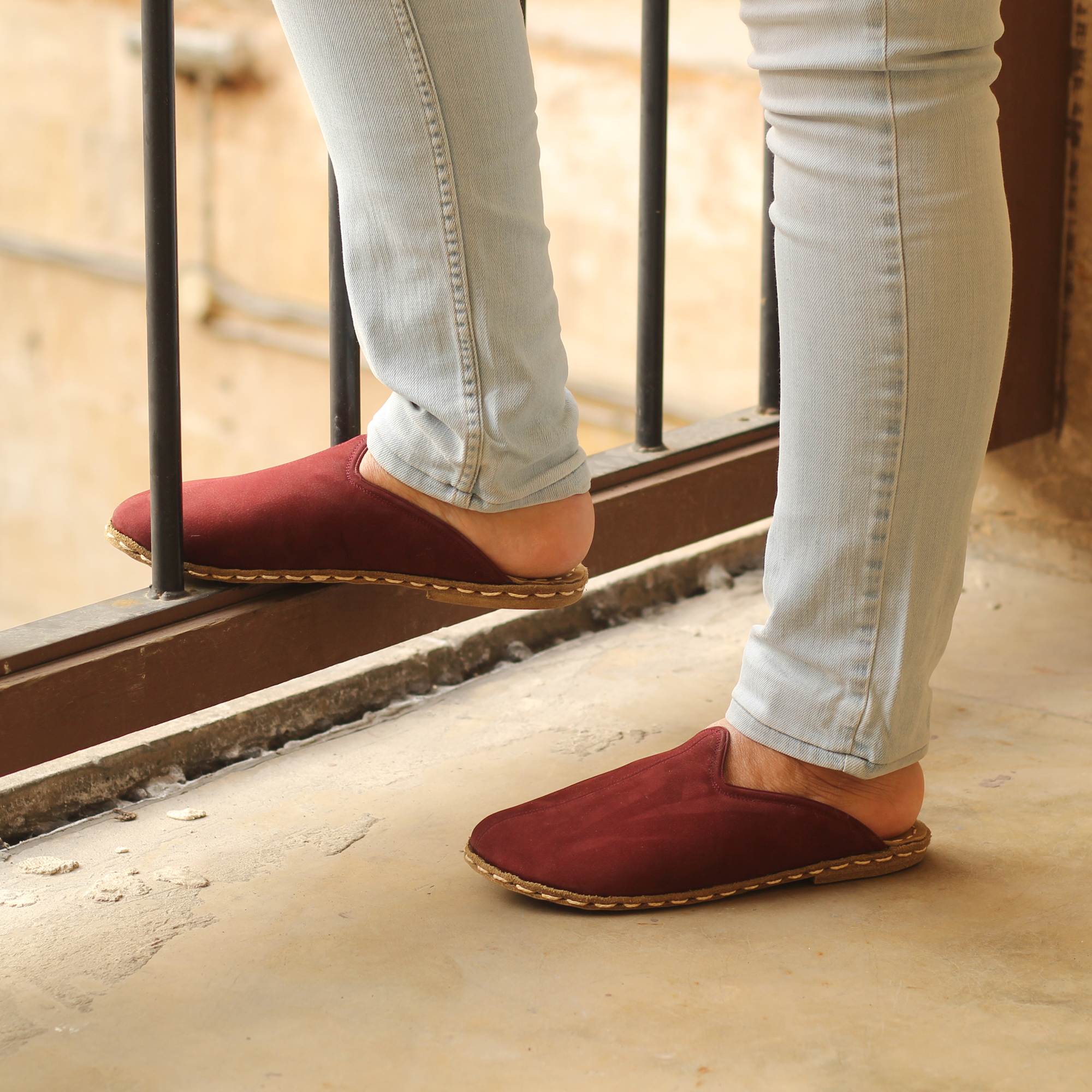 5 El Yapımı Barefoot Yalınayak Erkek Deri Parçalı Terlik, Bordo Nubuk - Görsel 1