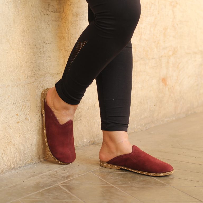 El Yapımı Barefoot Yalınayak Kadın Deri Parçalı İçi Kürklü Terlik, Bordo Nubuk - Görsel 4