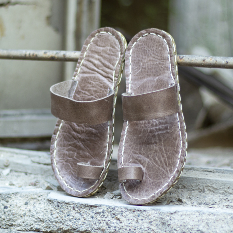 El Yapımı Barefoot Yalınayak Kadın Deri Parmak Arası Terlik, Bej - Görsel 2