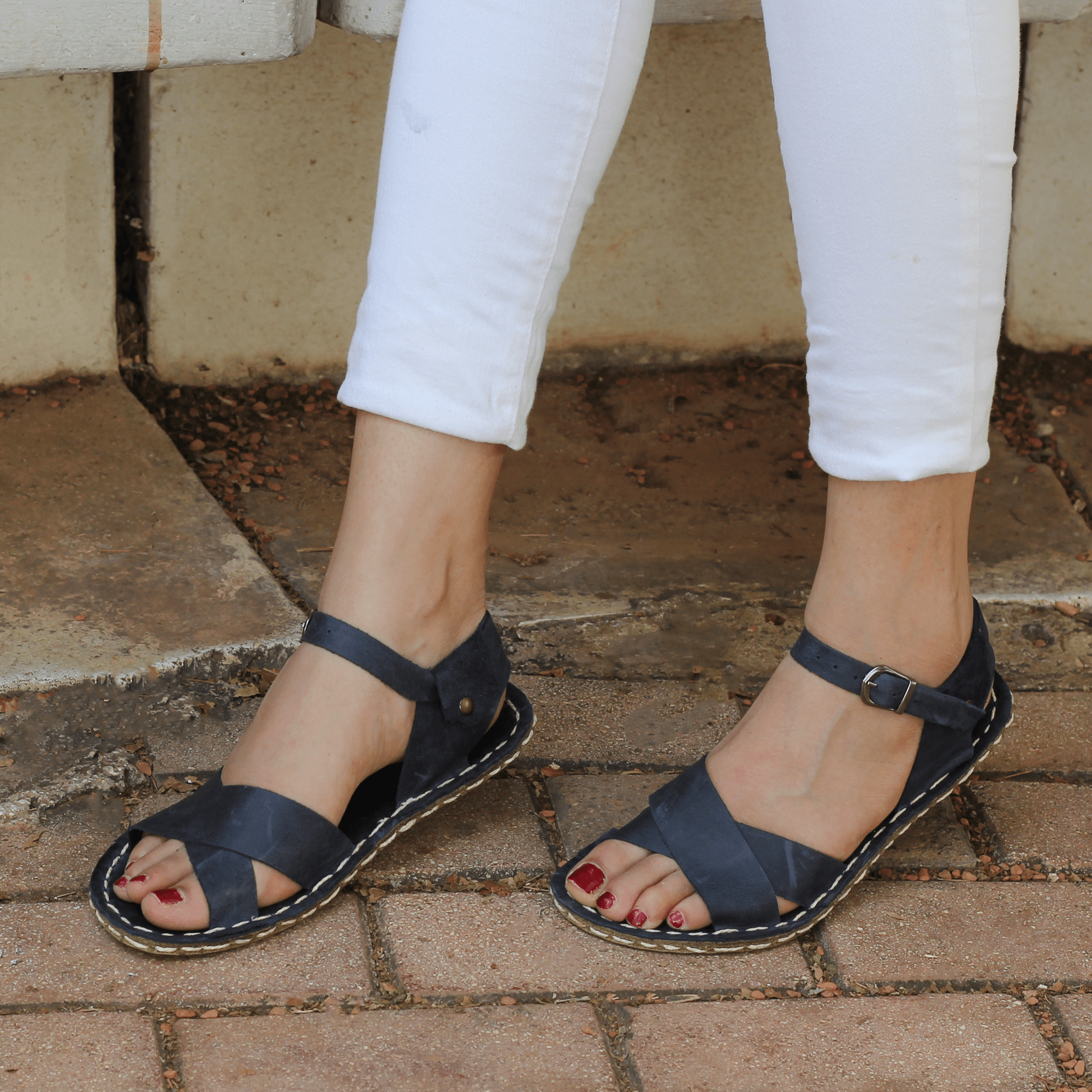 53 El Yapımı Barefoot Yalınayak Kadın Deri Helen Model, Lacivert - Görsel 1