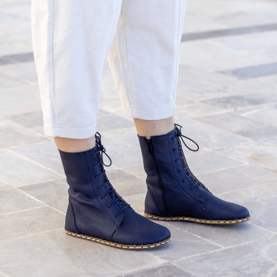 El Yapımı Barefoot Yalınayak Kadın Deri Uzun Kadın Bot, Lacivert