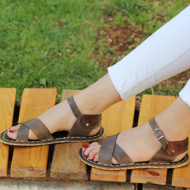 El Yapımı Barefoot Yalınayak Kadın Deri Helen Model, Klasik Kahverengi - Görsel 3