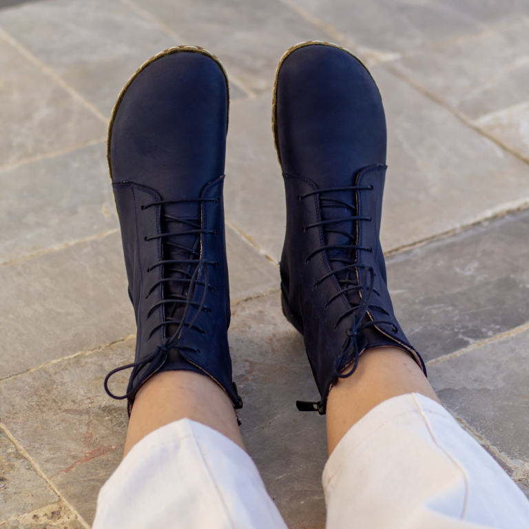 El Yapımı Barefoot Yalınayak Kadın Deri Uzun Kadın Bot, Lacivert - Görsel 7