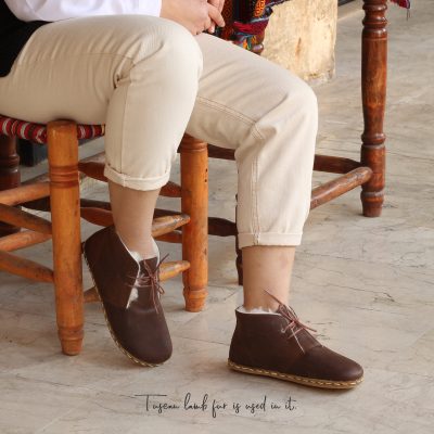 El Yapımı Barefoot Yalınayak Kadın Deri Kısa İçi Kürklü Bağcıklı Kadın Bot, Klasik Kahverengi
