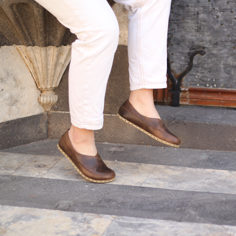 El Yapımı Barefoot Yalınayak Kadın Deri Sevim Model, Klasik Kahverengi - Görsel 4