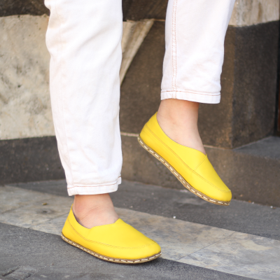 El Yapımı Barefoot Yalınayak Kadın Deri Sevim Model, Sarı