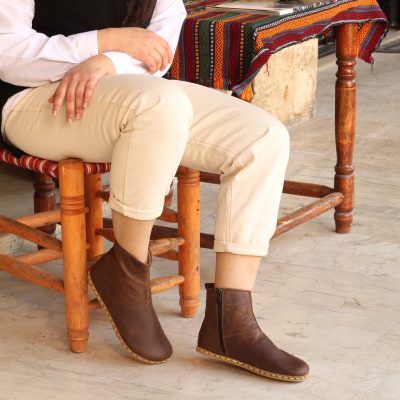 El Yapımı Barefoot Yalınayak Kadın Deri Fermuarlı Kadın Kısa Bot, Klasik Kahverengi