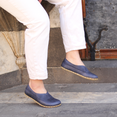 El Yapımı Barefoot Yalınayak Kadın Deri Sevim Model, Lacivert