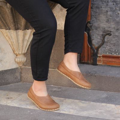 El Yapımı Barefoot Yalınayak Kadın Deri Sevim Model, Mat Kahve