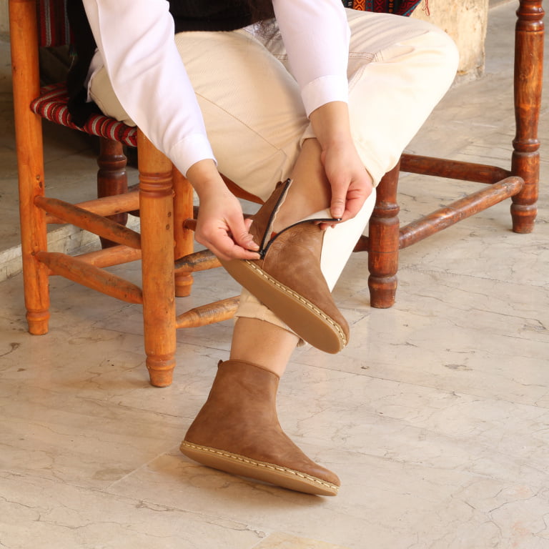 El Yapımı Barefoot Yalınayak Kadın Deri Fermuarlı Kadın Kısa Bot, Mat Kahve - Görsel 2