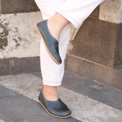 El Yapımı Barefoot Yalınayak Kadın Deri Sevim Model, Petrol Yeşili