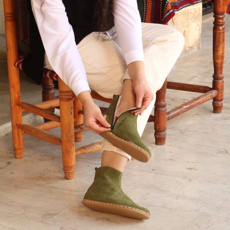 El Yapımı Barefoot Yalınayak Kadın Deri Fermuarlı Kadın Kısa Bot, Yeşil Nubuk - Görsel 2