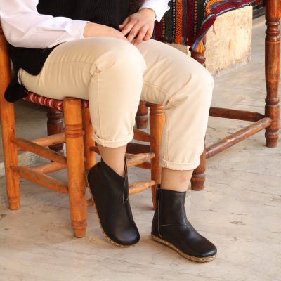 El Yapımı Barefoot Yalınayak Kadın Deri Fermuarlı Kadın Kısa Bot, Siyah