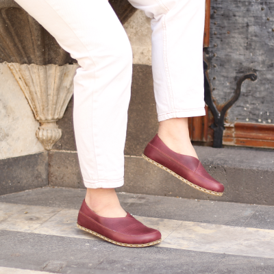El Yapımı Barefoot Yalınayak Kadın Deri Sevim Model, Bordo