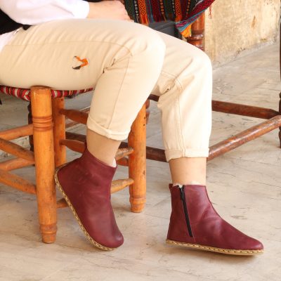 El Yapımı Barefoot Yalınayak Kadın Deri Fermuarlı İçi Kürklü Kadın Kısa Bot, Bordo