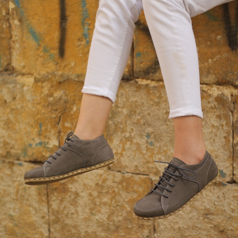 El Yapımı Barefoot Yalınayak Kadın Deri Sneakers Model, Gri Nubuk - Görsel 6
