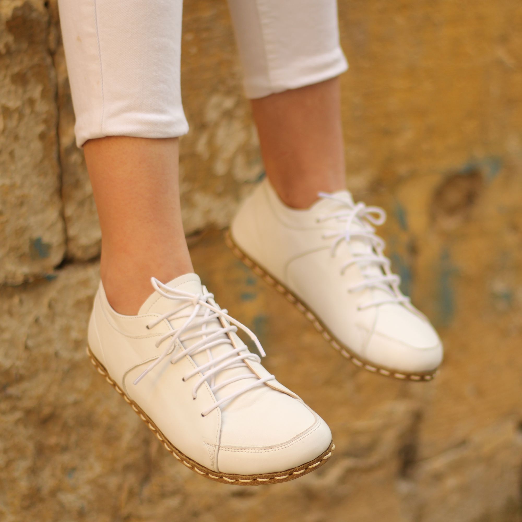 6 El Yapımı Barefoot Yalınayak Kadın Deri Sneakers Model, Beyaz - Görsel 1