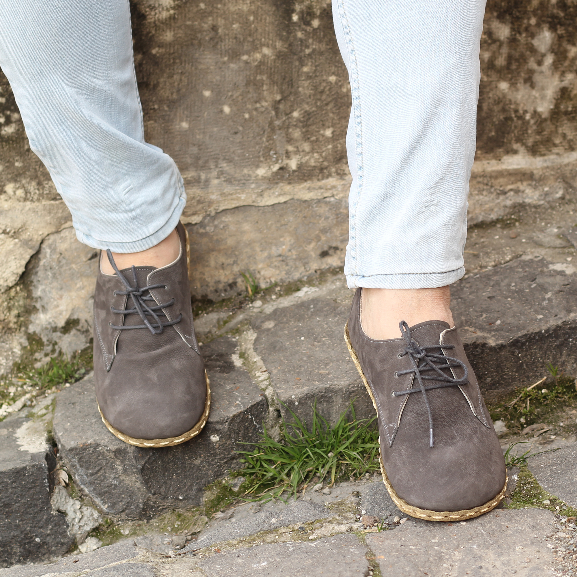 6 El Yapımı Barefoot Yalınayak Erkek Deri Bağcıklı Model, Gri Nubuk - Görsel 1