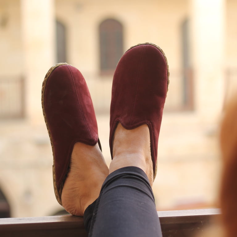 El Yapımı Barefoot Yalınayak Erkek Deri Parçalı Terlik, Bordo Nubuk - Görsel 5