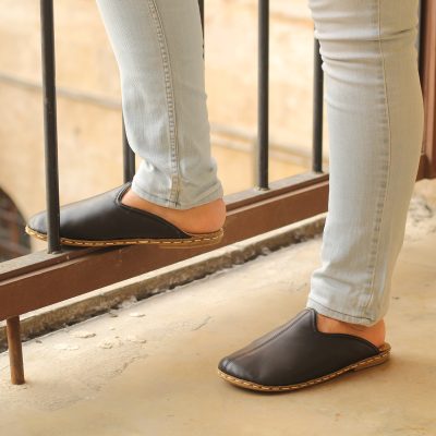 El Yapımı Barefoot Yalınayak Erkek Deri Parçalı Terlik, Siyah